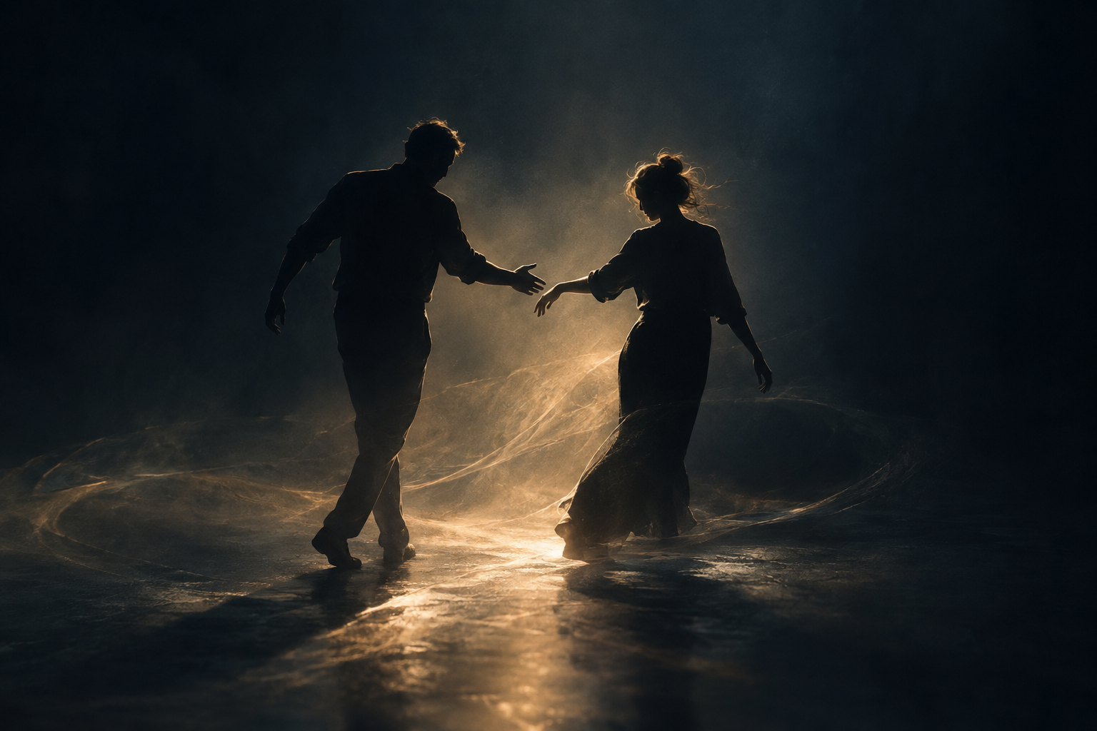 Abstract figures moving together in darkness, representing uncertainty and presence in coaching